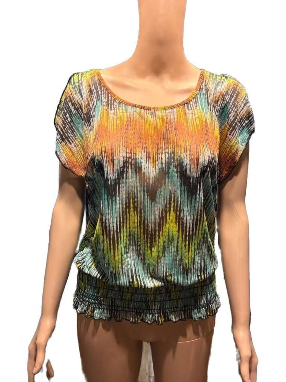 Speckless Size M Abstract Print Sheer Blouse with Smocked Hem